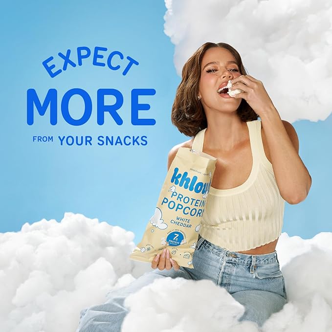 Khloud Protein Popcorn - White Cheddar - 7g Protein Snacks for Adults & Kids - Flavored Popcorn Made with Real Ingredients & Milk Protein Isolate - Non-GMO, Gluten-Free, Kosher - 4oz, 12pk