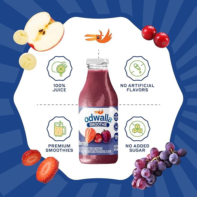 Odwalla Berries Smoothie - Fruit Smoothie Mix Ready to Drink - Juice Blend, No Added Sugar, No Preservatives - 13.9 oz Glass Bottles (12 Pack)