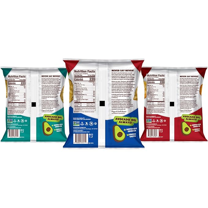 Jackson’s Classic Kettle Potato Chips (Variety Pack, 1.5 oz, Pack of 18) - Made with Premium Avocado Oil, Sea Salt, Salt & Vinegar and BBQ Flavors - Allergen-friendly, Gluten Free, Vegan