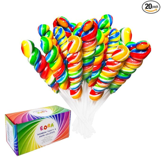 Rainbow Twisty & Swirl Lollipops 20 Pack, Unicorn Candy Twist Lollipop Individually Wrapped Suckers, Kid's Candy Bulk for Birthday, Mixed Fruit Flavor