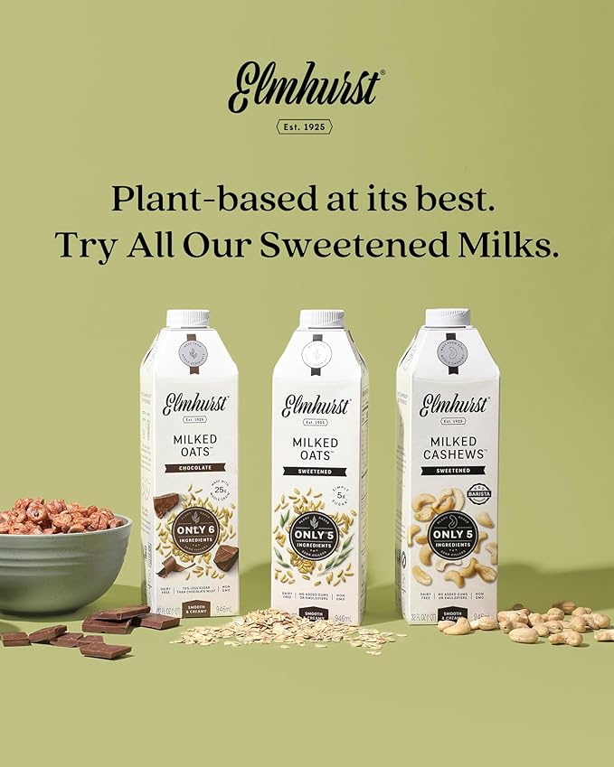 Elmhurst 1925 Chocolate Oat Milk - 32 Ounce (Pack of 6) Dairy-Free, Vegan, Kosher, Gluten-Free, Less Sugar, Shelf Stable Plant Based Milk Made with Whole Grain Oats & Cocoa for Smoothies & Baking