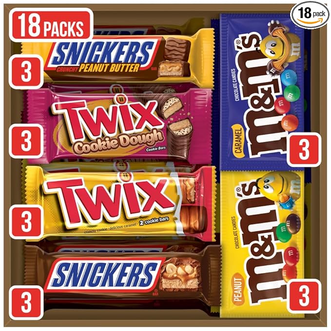MARS M&M'S Peanut, M&M'S Caramel,SNICKERS Original,SNICKERS Peanut Butter Squared, TWIX Original and Cookie Dough Variety Pack Full Size Individually Wrapped Milk Chocolate Candy Bars,18 Ct