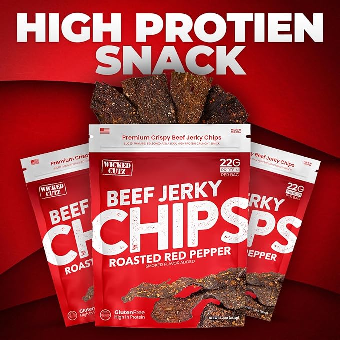 Wicked Cutz Roasted Red Pepper Beef Jerky Chips, 22g Protein per Bag, Crispy & Crunchy Beef Jerky Crisps, USA Made Pepper Flavored Chips, High Carnivore Snacks (2 Bags)