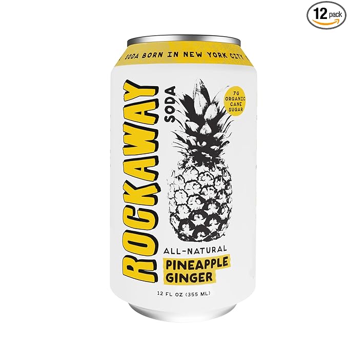 ROCKAWAY Pineapple Ginger Soda Drinks - Low calorie drinks made from Real Fruit Juice, All Natural - Soda Pop Drinks Gluten Free, Vegan, GMO Free - 12oz (12 Pack)
