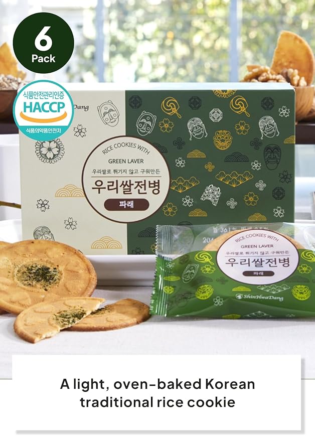 Korean Food Shinwhadang Rice Wafer Snacks(6 packs) – Green Laver(Seaweed) Flavor, Oven-Baked Crispy Rice Crackers, Korean Rice Crisps (9.6 oz)