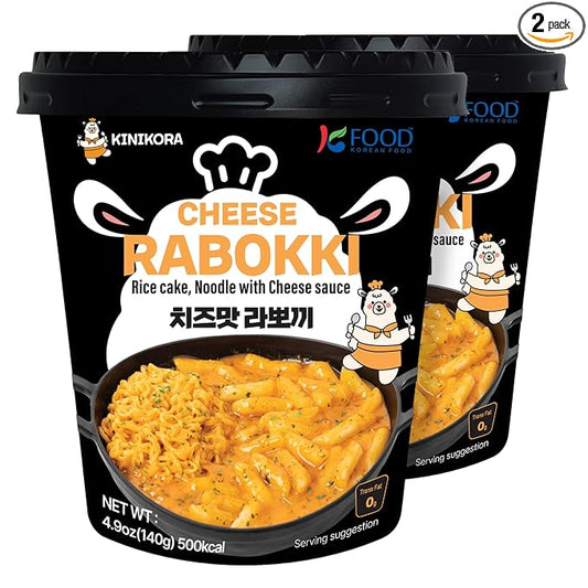 KINIKORA Premium Instant Rabokki Cup - Cheese Flavor, 2 Cups, Korean Ramen & Tteokbokki, Quick and Easy Street Food