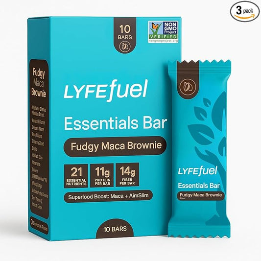 LyfeFuel Essential High Protein Bars | Meal Replacement, Vegan, 12g Plant-Based Low Carb Protein Bars for Intermittent Fasting - High Fiber, MCT Oil, 21 Organic Vitamins & No Sugar | 30 Servings | Fudgy Brownie