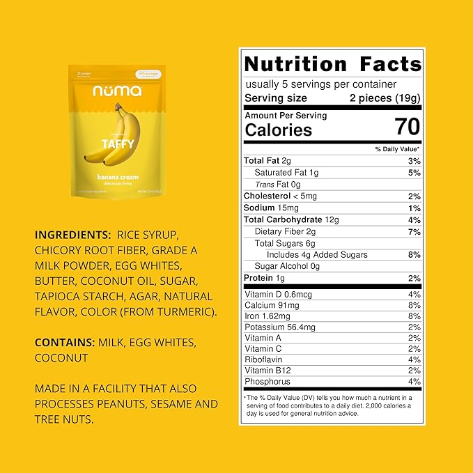 Numa Foods Banana Taffy Candy, Made with Real & Simple Ingredients Low Sugar, High Protein, Low Calorie, All Natural & Gluten Free Banana Cream Taffy - 3 Bags with 10 Individually Wrapped Chews Each