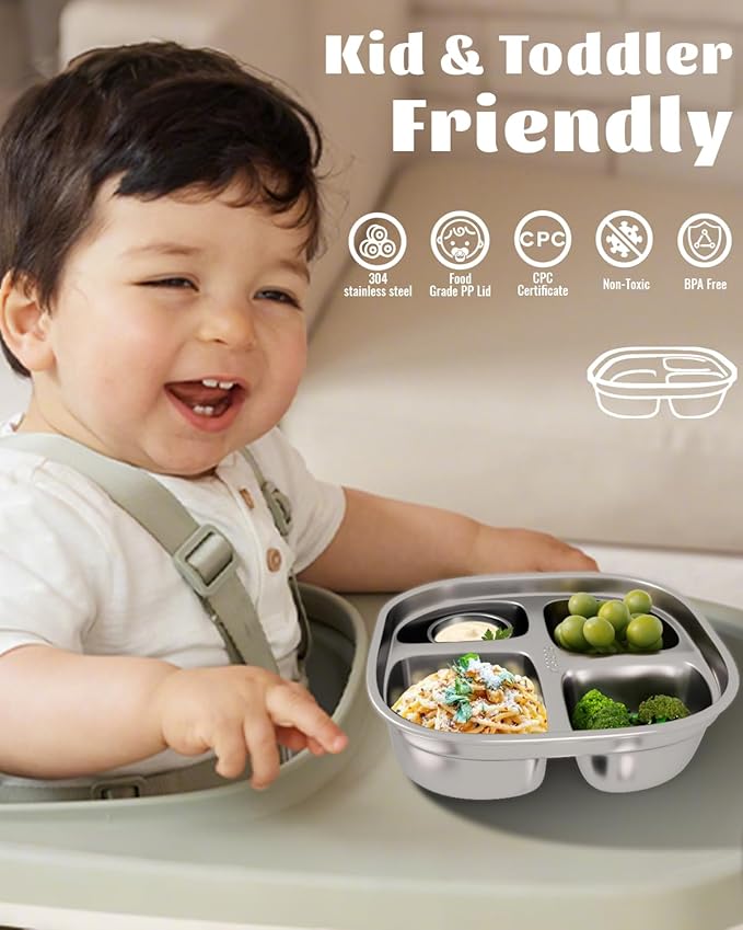 Stainless Steel Divided Plate for Kids Toddler, Non Toxic Portion Control Plate Dinner Plate with Lid for Adults Weight Loss, 4 Pack 4 Sections Square Snack Plate Tray