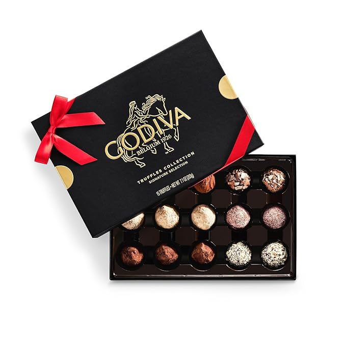 Godiva Red Ribbon Signature Truffle Gift Box, Belgian Dark and Milk Chocolates with Ganache Centers, Gourmet Valentine's Day Gift, Kosher, 15 Pc