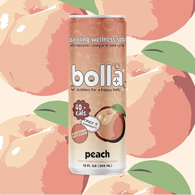 Peach Sparkling Wellness Soda - Naturally sweetened with dates - Crafted with balsamic vinegar - 5 simple ingredients - Low calorie - Antioxidant-rich - No added sugar 12 pack