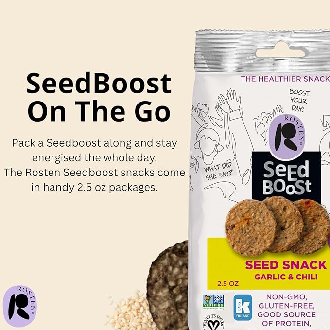 ROSTEN SeedBoost Seed Crackers (16 Pack) Garlic Chili Flavor - Vegan, Non-GMO, Gluten Free (2.5oz Each)