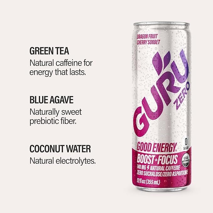GURU ZERO SUGAR Dragon Fruit Cherry Sorbet Organic Energy Drink with Plant Based Natural Caffeine from Green Tea, Coconut Water, Prebiotic, Zero Added Sugars, Gluten Free & Vegan, Pre Workout, 140MG Caffeine, 12 Oz (Pack of 24)