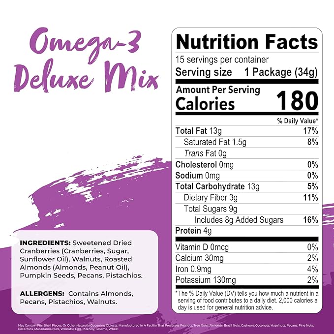 Nature's Garden Omega 3 Deluxe Mix - Trail Mix Nuts, Heart Healthy, Gluten Free, Cholesterol Free, Sodium Free, No Artificial Ingredients - 1.2 oz Bags (15 Individual Servings)