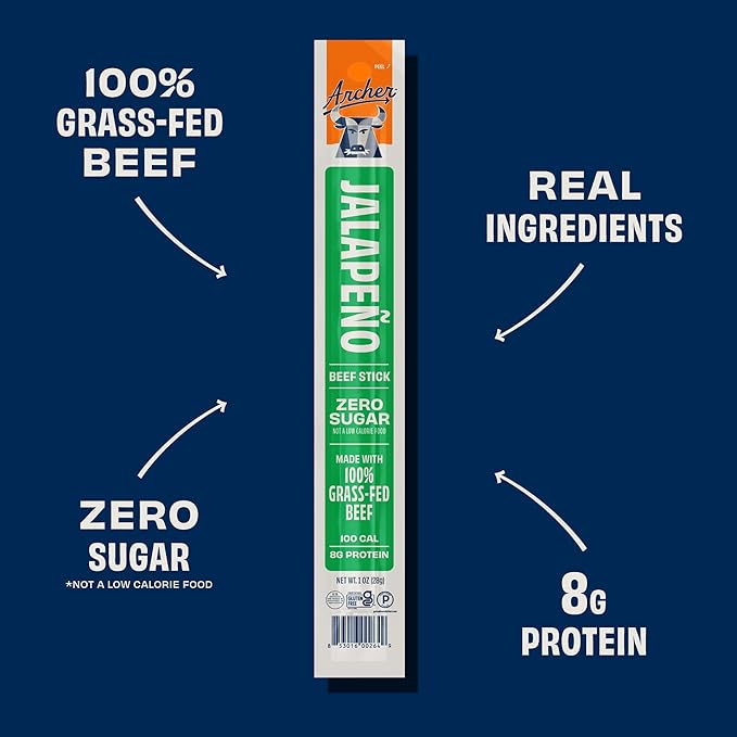 Archer Jerky Beef Jerky Sticks Jalapeno - Grass Fed Beef Sticks Individually Wrapped, Bulk, Protein Snack Packs, Gluten Free, Paleo, Keto, Sugar Free - 1 oz Each (Pack of 18)