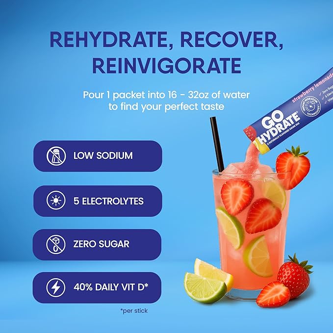GoHydrate Low Sodium Electrolytes Powder Packets Sugar Free - Instant Hydration Daily Drink Mix - Zero Sugar Water Flavor Packet Singles with Vitamin D - (Strawberry Lemonade, 30 Packs)