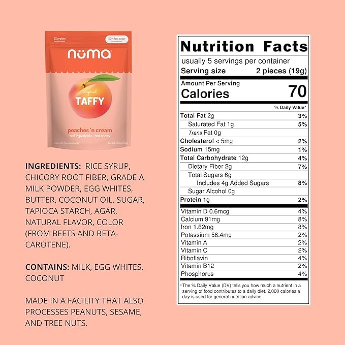 Numa Taffy Candy, Peaches ‘n Cream Made with Real & Simple Ingredients – Low Sugar, High Protein, Low Calorie, All Natural & Gluten Free Peach Taffy – 3 bags with 10 Individually Wrapped Chews Each