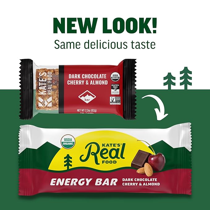 Kate’s Real Food Organic Granola Bars - Dark Chocolate Cherry & Almond (2.2 oz, Pack of 12) - Organic Energy Bars Made with Gluten Free Oats - Non GMO, Soy Free, Whole Grains, and All Natural - Healthy Snacks