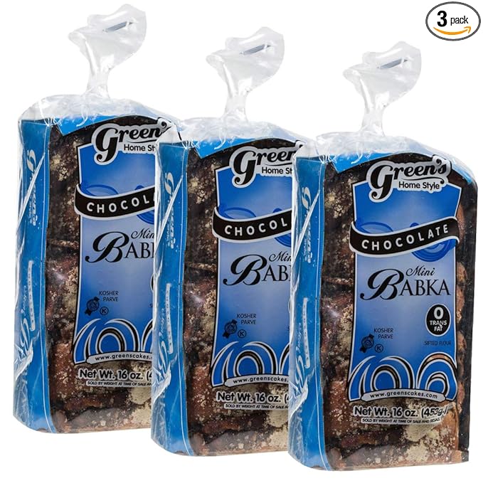 Green's Bakery Mini Chocolate Babka Cakes, 3 Pack 16 oz. Fresh Fresh and Delicious, OK Certified Kosher and Pareve Babka Bread, Dairy Free and Nut Free