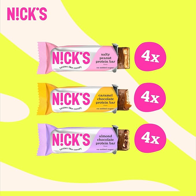 Nick's Protein Bars Variety Pack, Protein-Packed Snack, Low Calories, Low Carb Keto Friendly Snacks No Added Sugar, Salty Peanut, Chocolate Caramel and Almond Chocolate (12 Pack)