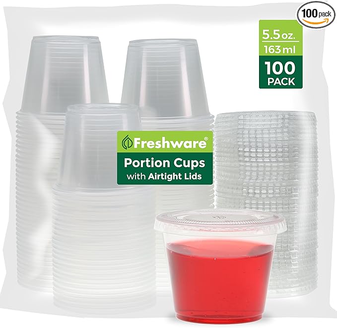 Freshware Plastic Portion Cups with Lids [5.5 Ounce, 100 Sets] Souffle Cups, Jello Shot Cups, Condiment Sauce Containers For Sampling, Sauce, Snack or Dressing