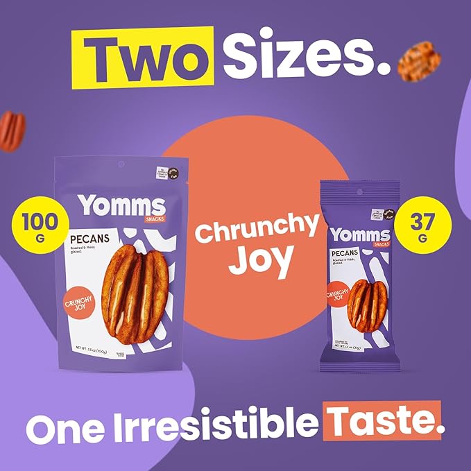 Yomms Crunchy Joy Glazed Whole Pecan Halves, 15.6 oz (12 Pack), Gluten-Free & Non-GMO Healthy Dessert Snacks – Low Sugar Classic Candied Nut Pouches – Gourmet Roasted Snacking Pecans – 1.3oz Individual Bags
