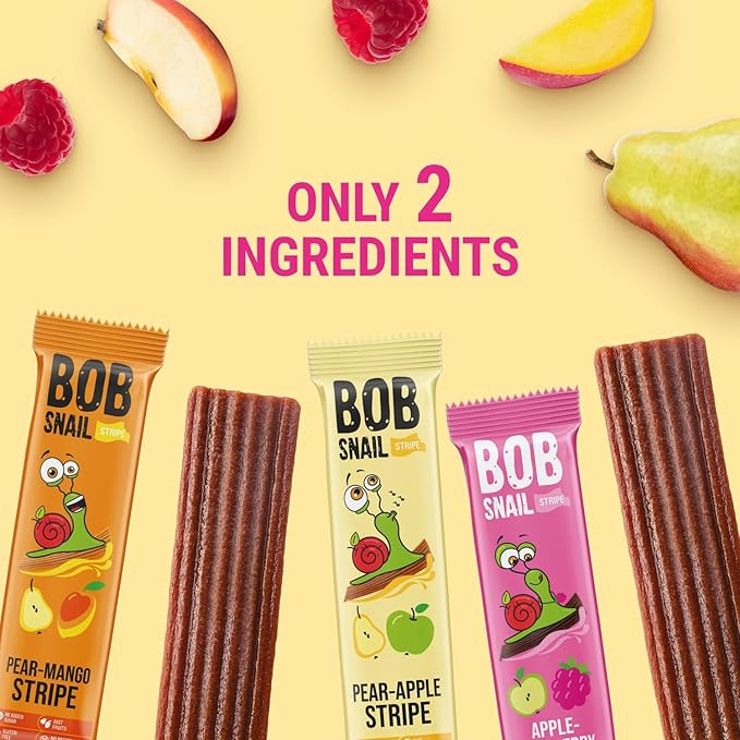 BOB SNAIL Healthy Fruit Snacks for Kids and Adults – 30 Fruit Leather Snacks with Pear-Apple, Raspberry, Mango – Vegan Low-Carb Variety Pack Strips for Kids – Sugar Free Jerky Bars