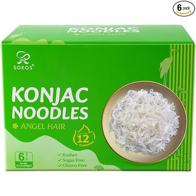 Soeos Konjac Noodles, Angel Hair Pasta, 9.5oz (270g), 6 Packs, Kosher, Sugar Free, Gluten Free, Low Calorie Shirataki Noodle