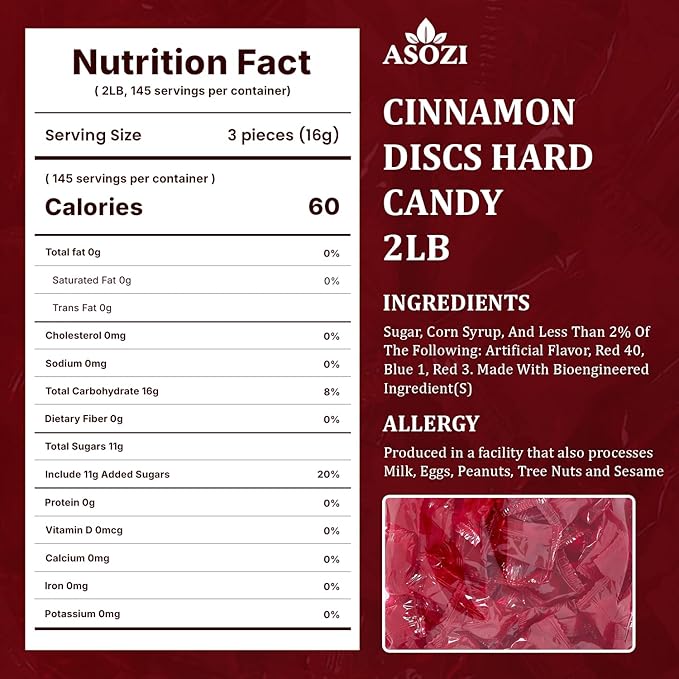 Cinnamon Discs Hard Candy 2 lb - Individually Wrapped Cinnamon Candy Old Fashioned Holiday Suckers - Spicy and Sweet Flavor - Perfect for Valentine's Day and Tasty Treats on the Go by ASOZI