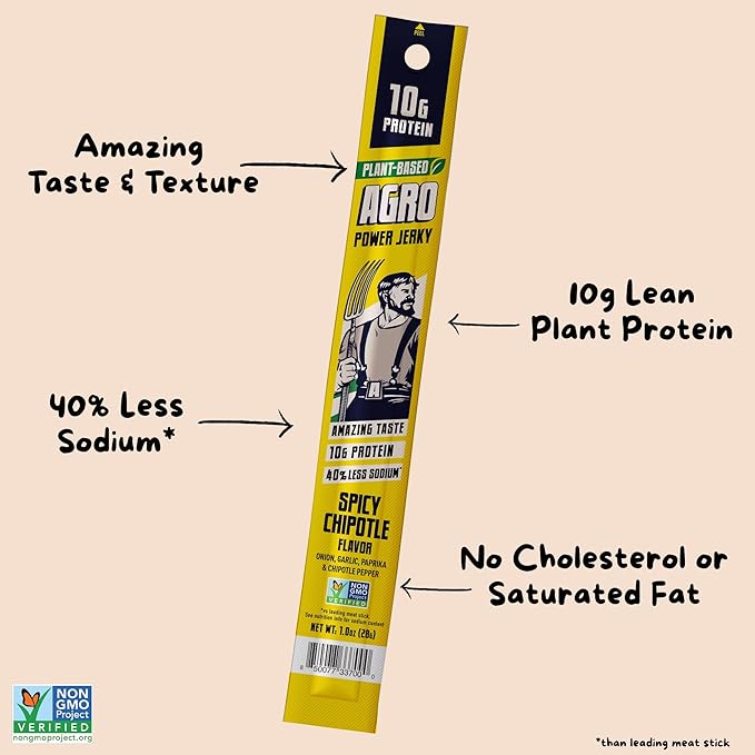 AGRO POWER Vegan Jerky Sticks, Spicy Chipotle Plant-Based, 7 Stick Bag with 10g Protein, Non-GMO, 40% Less Sodium, Zero Cholesterol, Meat Alternative, High Protein Snack for Lunch, On-the-Go Fuel