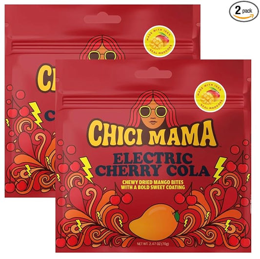 Chici Mama Electric Cherry Cola Mango Bites – Made with Real Mango | Chewy, Juicy Candy-Alternative Treat | No Artificial Colors, Flavors, or Sweeteners | Gluten-Free, Naturally Vegan & Allergy-Conscious | 2 Pack - 70g
