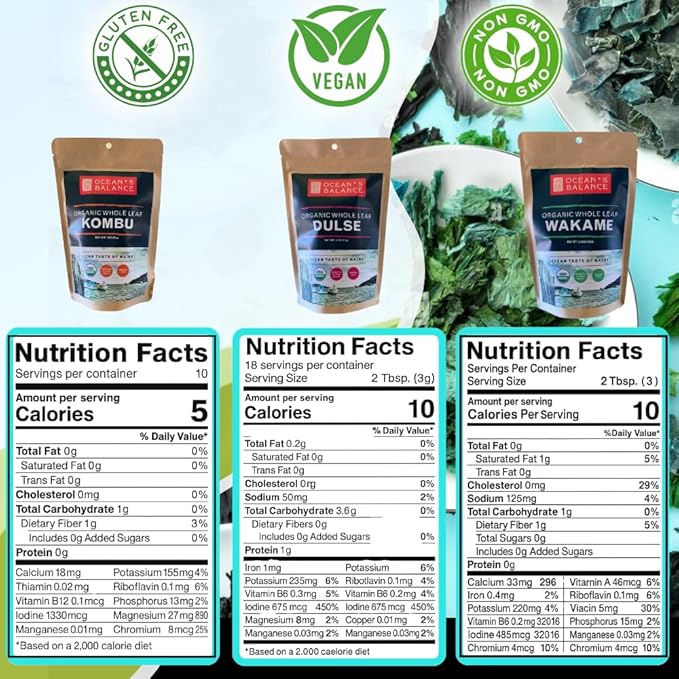 Ocean's Balance Organic Whole Leaf Seaweed Combo Pack (1 Oz Kombu + 1,5 Wakame + 2oz Dulse) - Maine Coast Seaweed - Perfect for Keto, Paleo, Vegetarian and Vegan Diets - Atlantic Coast Sea Vegetables