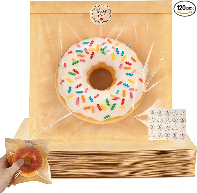 120Pack cookie bags with seal, 5.7x6.5 Inch Small Paper Bakery Bags with Window 140 Pcs Thank You Stickers, Heat Sealable & Grease Resistant for Donut, Treats, Scone, Brownie Packaging
