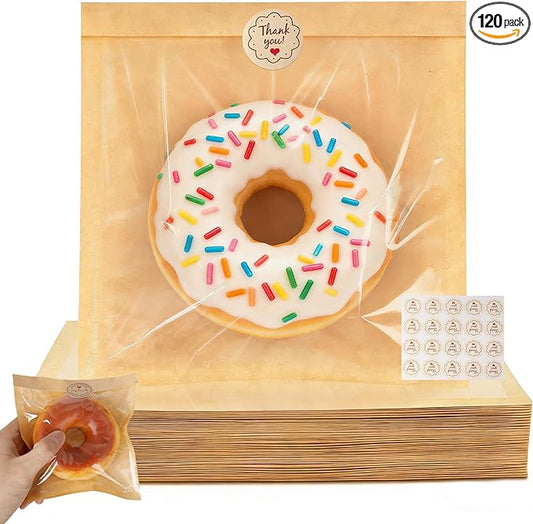 120Pack cookie bags with seal, 5.7x6.5 Inch Small Paper Bakery Bags with Window 140 Pcs Thank You Stickers, Heat Sealable & Grease Resistant for Donut, Treats, Scone, Brownie Packaging