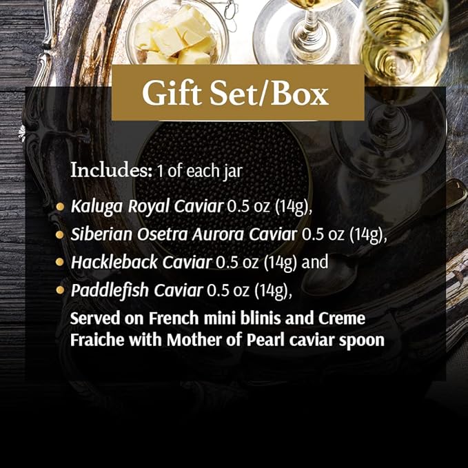OLMA Noble Caviar Gift Set - 2 oz (56g) of Caviar, Includes Kaluga Royal, Siberian Osetra Aurora, Hackleback, Paddlefish, Serving Spoon & Blinis - Superior Grade Fresh Roe Fish Eggs