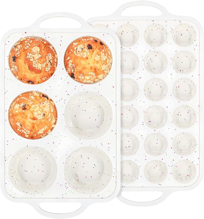 Fimary Silicone Muffin Pan with Metal Reinforced Frame - Mini Muffin Pan for Homemade Muffins, Cupcakes, and Bread, Oven and Dishwasher Safe - Set of 2, 6-Cup and 24-Cup