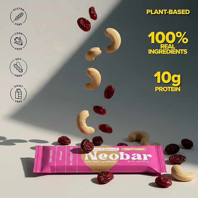 NEOBAR Fruit and Nut Bars - Plant-Based Vegan Snack Bars, Gluten Free Dairy Free Snacks, No Preservatives, No Refined Sugars Added, Non-GMO | Cranberry & Cashew, 10g Protein,12 Count