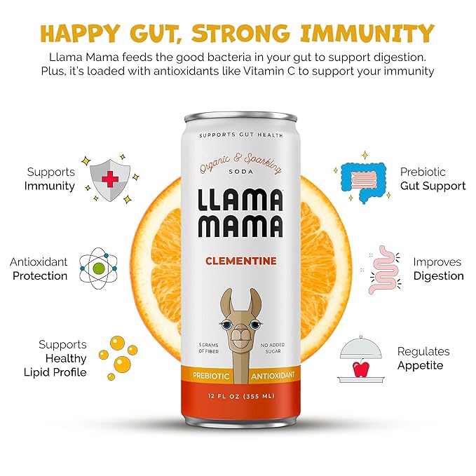 Llama Mama Clementine Organic Sparkling Prebiotic Soda • Gut & Immune Support • High Vitamin C, Antioxidants • NO Sugar • NO Artificial Sweeteners • NO Stevia • Vegan Plant Fiber • 12 Pack
