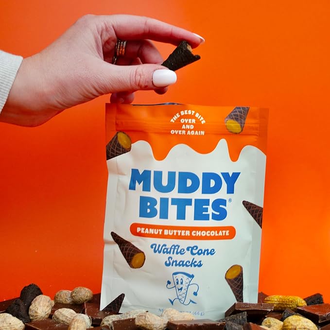 Muddy Bites Waffle Cone Snacks Bite Sized Chocolate Filled Cones for Dessert, Ice Cream Topping, Premium, Kosher(Peanut Butter Chocolate, 8 Bags)