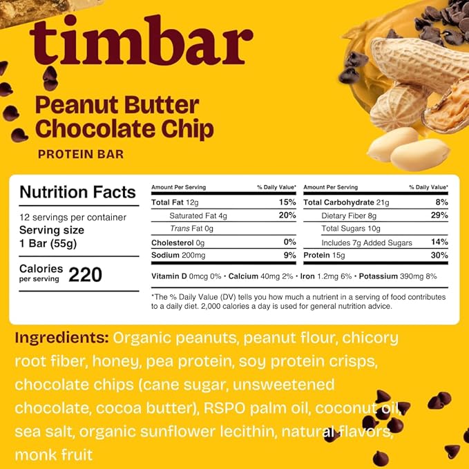 timbar Plant-Based Protein Bars, Peanut Butter Chocolate Chip | 15g Plant Protein, 8g Prebiotic Fiber | Gluten & Dairy Free, Non-GMO, No Sugar Alcohols (Pack of 4)
