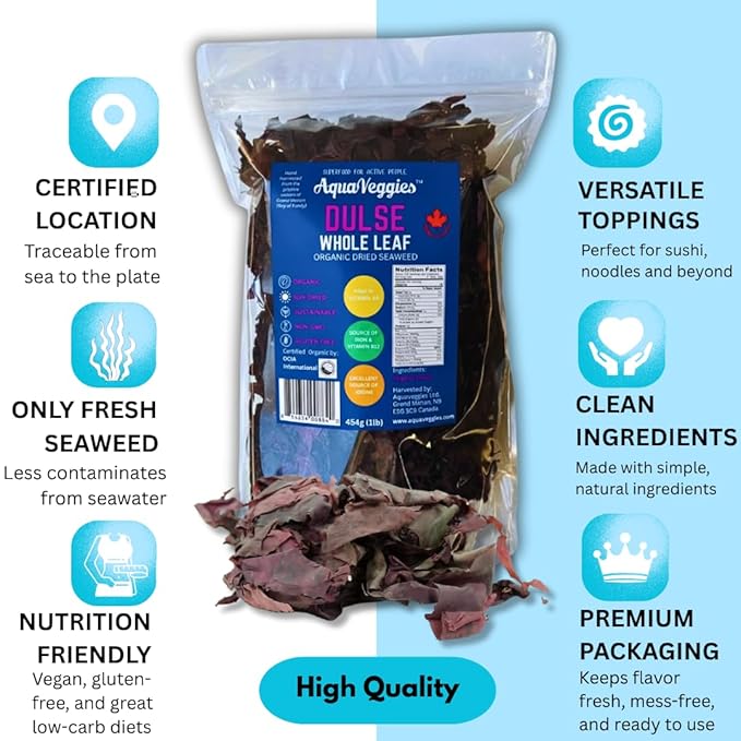 Aqua Veggies Organic Atlantic Dulse Whole Leaf – Hand-Harvested & Sun-Dried from Bay of Fundy – Rich in Iodine, B6, B12, Iron, Protein, Calcium & Magnesium – Vegan Superfood (16 Ounce)