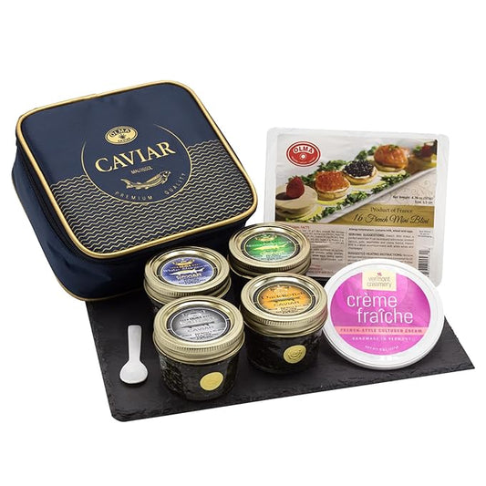OLMA Monarch Caviar Gift Set - Includes Kaluga Royal, White Sturgeon, Siberian Osetra Aurora, Paddlefish, Mother of Pearl Serving Spoon & Blinis - Superior Grade Fresh Roe Fish Eggs