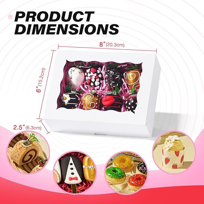 20PCS White Cookie Boxes with Window, 8x6x2.5 Inch Gift-Ready Pastry Box for Chocolate Strawberries, Macarons, Truffles, Perfect for Valentine's Day, Mother's Day, Christmas Party Favors
