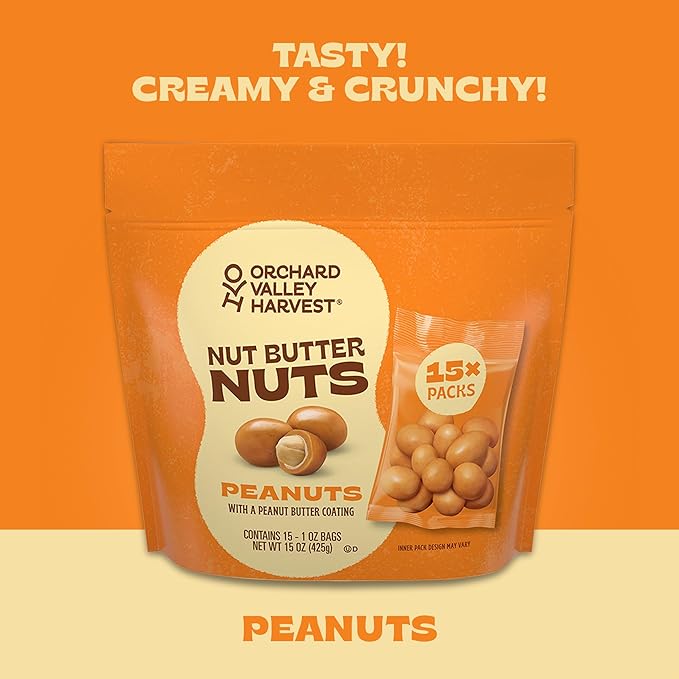 Orchard Valley Harvest Nut Butter Nuts Classic, Peanut Butter Coated Peanuts, 1oz Bags (Pack of 15), Made with Real Peanut Butter, Perfect On-The-Go & Portion Control Snack