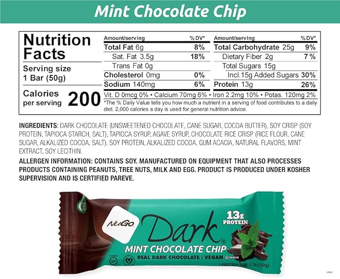 NuGo Dark Chocolate Mint Chocolate Chip, 13g Protein Bar, Vegan, Gluten Free, Non-GMO, Kosher Pareve, 12 Count