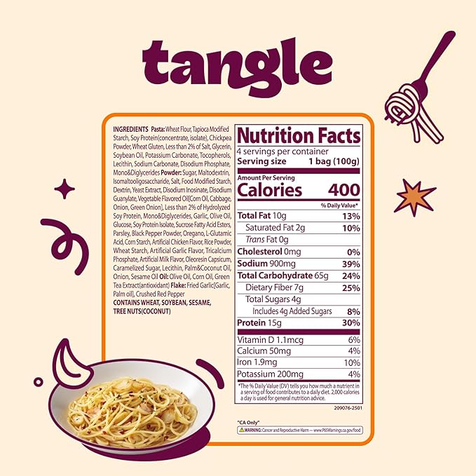Samyang Tangle Garlic Oil Pasta | Instant Pasta | Mukbang | 15g of Protein | Linguine | 6g of Fiber | Chick Pea based | Easy Prep | Convenient | 4 Pack
