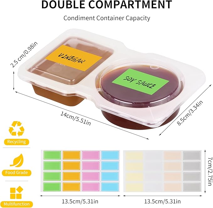 CJT 12 Sets Reusable Compartment Condiment Container with Lids - Disposable Double Small Plastic Snack Containers for Sauces, Meal Prep, Salad Dressing