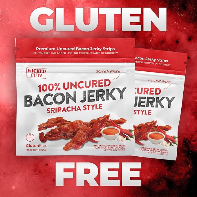 Sriracha Flavored Bacon Jerky, 12g Protein Per Bag, Tender & Easy to Chew Fully Cooked Bacon, USA Made, High Protein Carnivore Snacks (2 Bags)