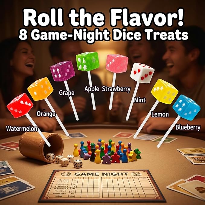 24 Pack Dice Candy Lollipops with 8 Colors, Vegas Style 8 Flavors Dice-Shaped Lollipop Candies Individually Wrapped Suckers Bulk, Old Fashioned Square Cube Suckers Candy for Casino or Bunco Theme