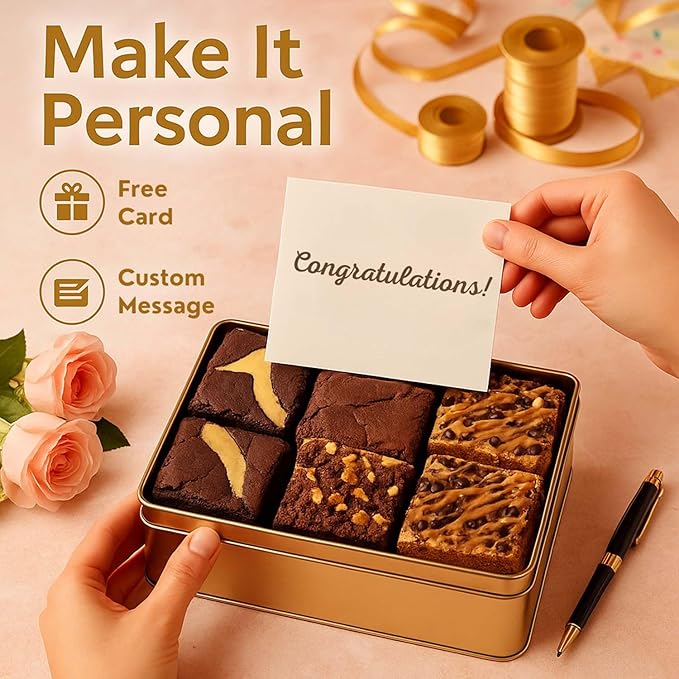 Congratulations Gift Basket - 8 Individually Wrapped Brownies Freshly Baked in a Variety of Flavors - Dulcet's Signature Flavored Fudge Brownies - Gift Box Comes with Congratulations Card